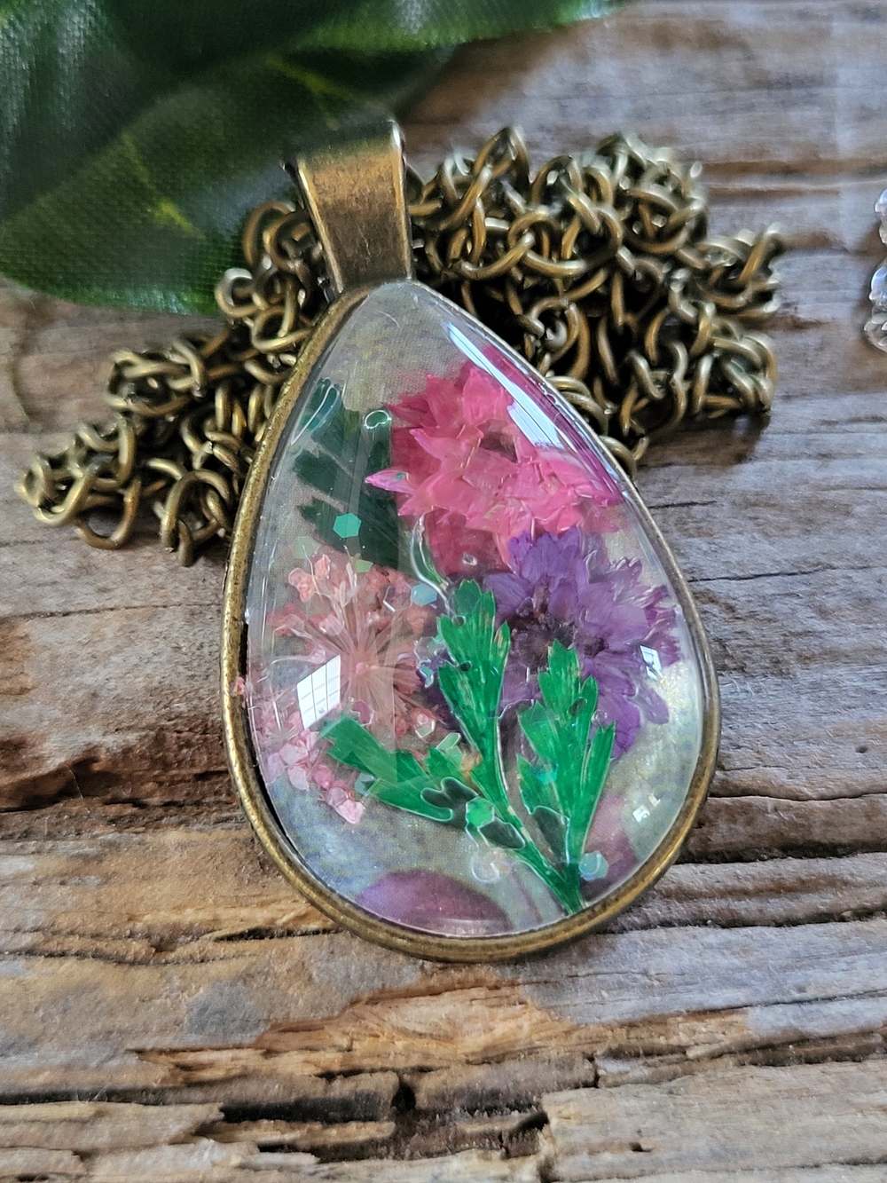 Pink & Purple Flower Teardrop Under Glass Cabachon Necklace